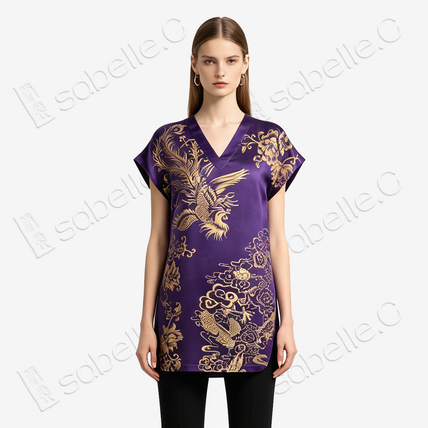 Violet Vintage Silk V-neck Tunic - 「絳紫金禧」龍鳳呈祥古董真絲中長款上衣