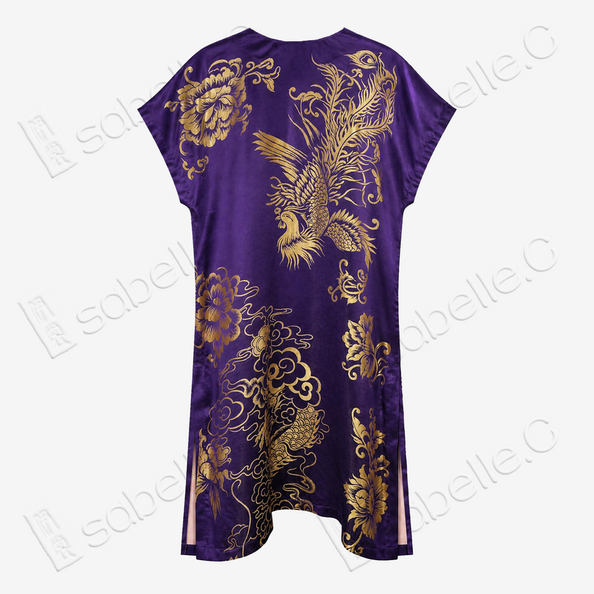 Violet Vintage Silk V-neck Tunic - 「絳紫金禧」龍鳳呈祥古董真絲中長款上衣