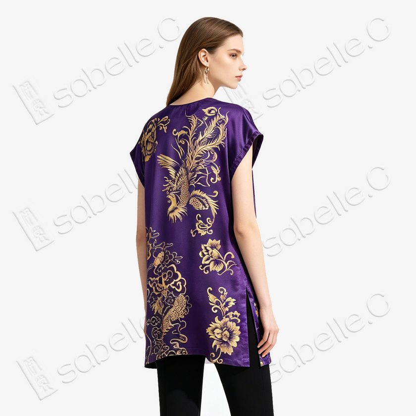 Violet Vintage Silk V-neck Tunic - 「絳紫金禧」龍鳳呈祥古董真絲中長款上衣