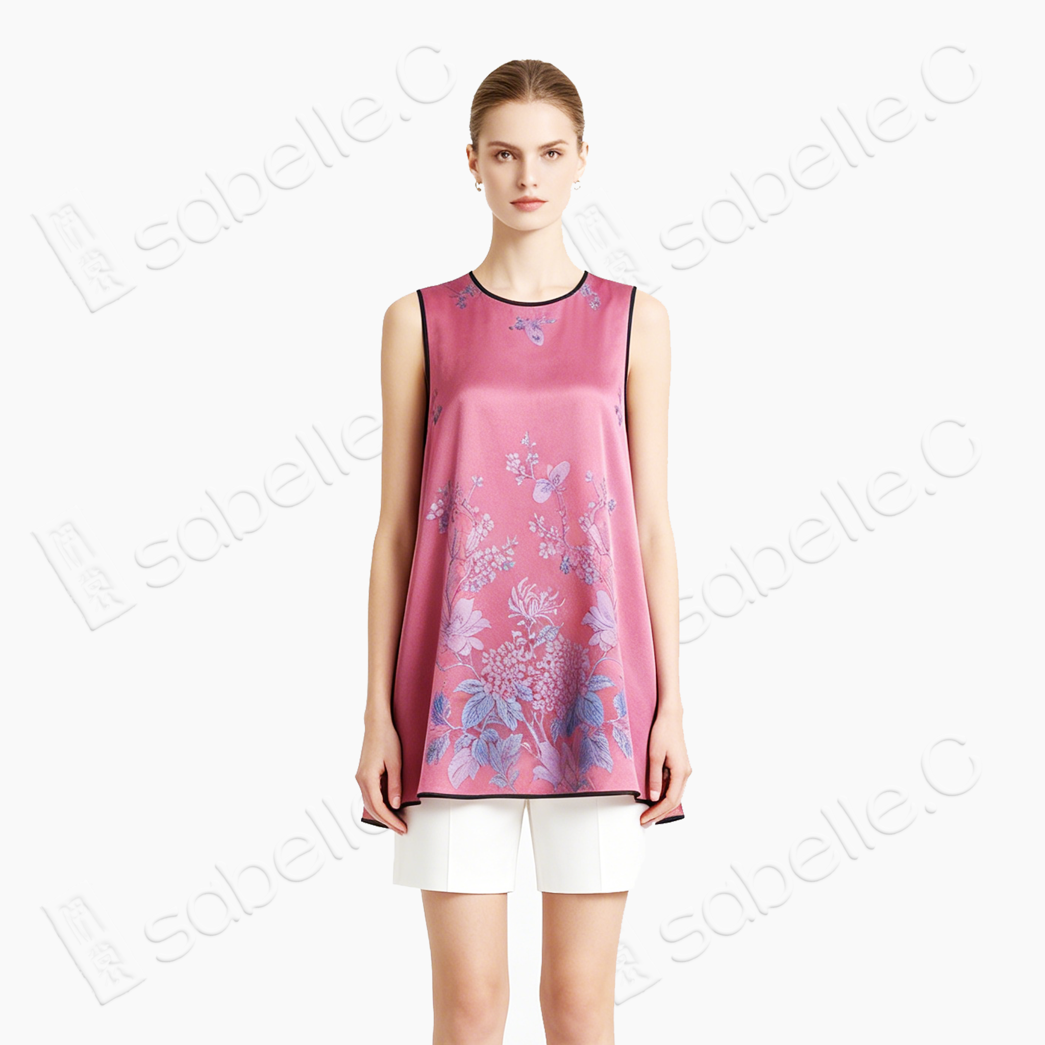 Pink Floral Vintage Silk Satin Sleeveless Tunic - 古董真絲老緞無袖上衣