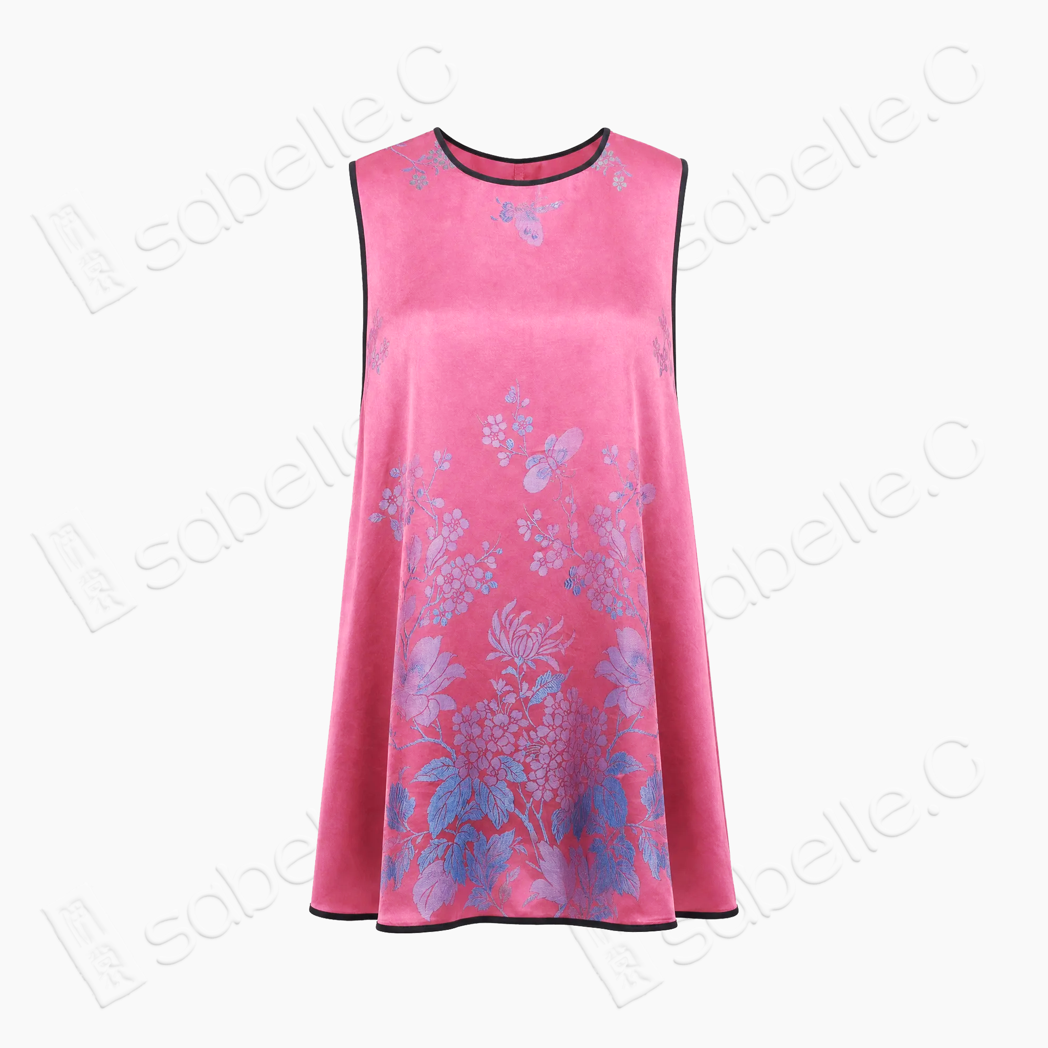 Pink Floral Vintage Silk Satin Sleeveless Tunic - 古董真絲老緞無袖上衣