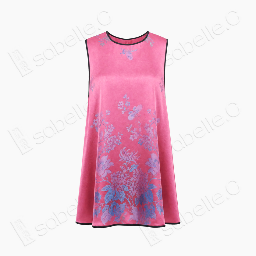 Pink Floral Vintage Silk Satin Sleeveless Tunic - 古董真絲老緞無袖上衣