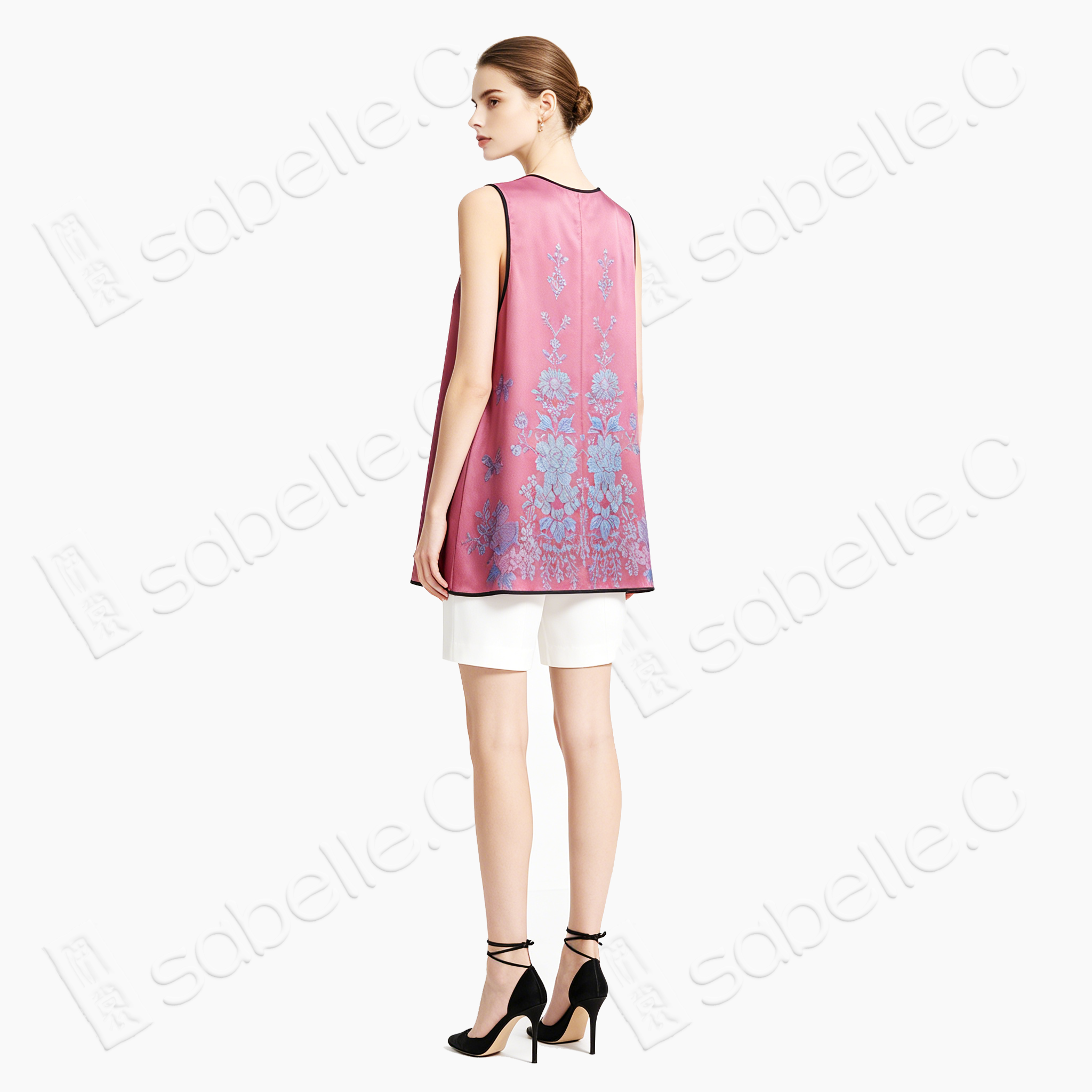 Pink Floral Vintage Silk Satin Sleeveless Tunic - 古董真絲老緞無袖上衣