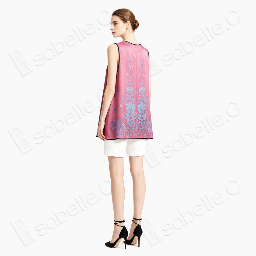 Pink Floral Vintage Silk Satin Sleeveless Tunic - 古董真絲老緞無袖上衣