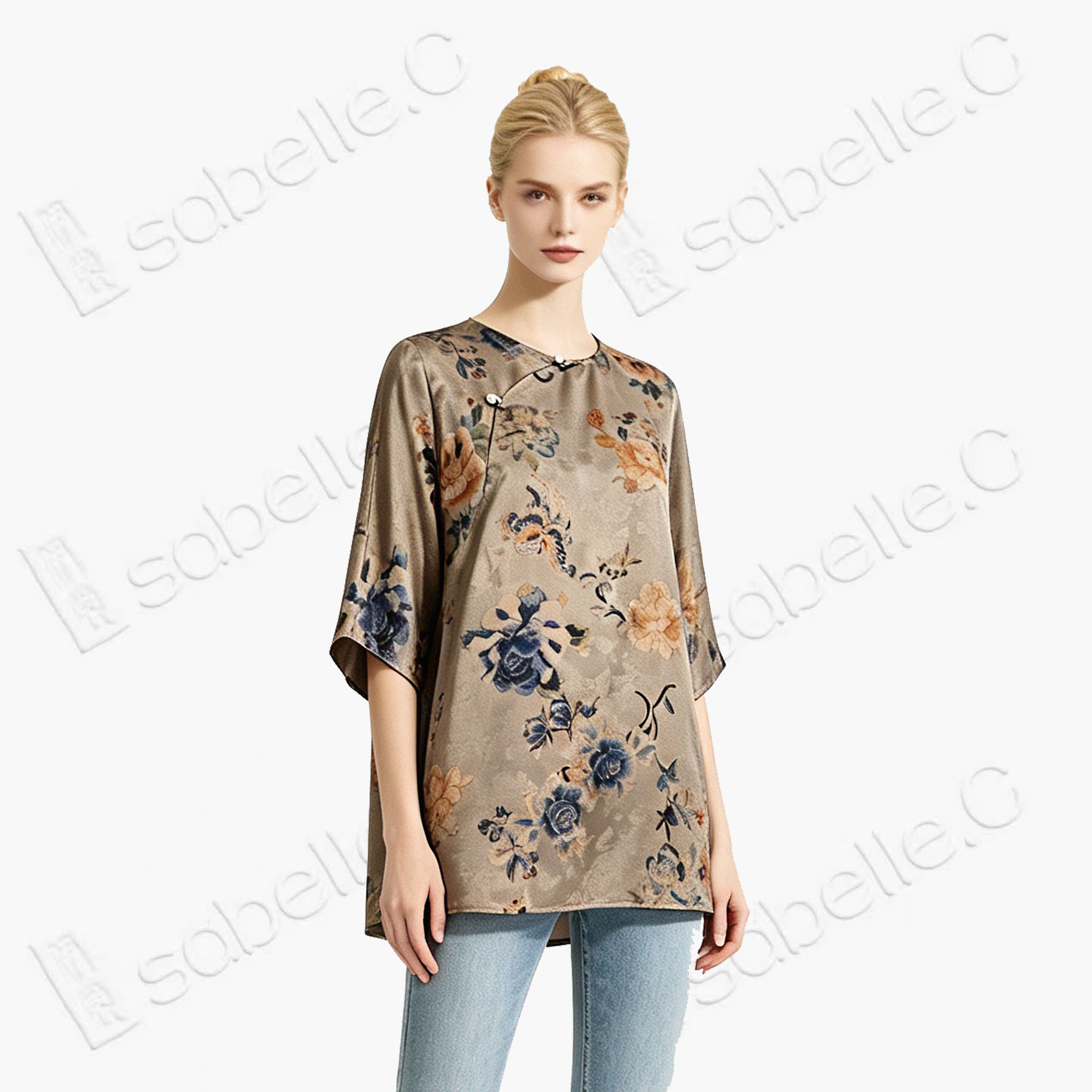 Taupe Floral Butterfly Gambiered Canton Silk Top - 「駝底花蝶」香雲紗上衣