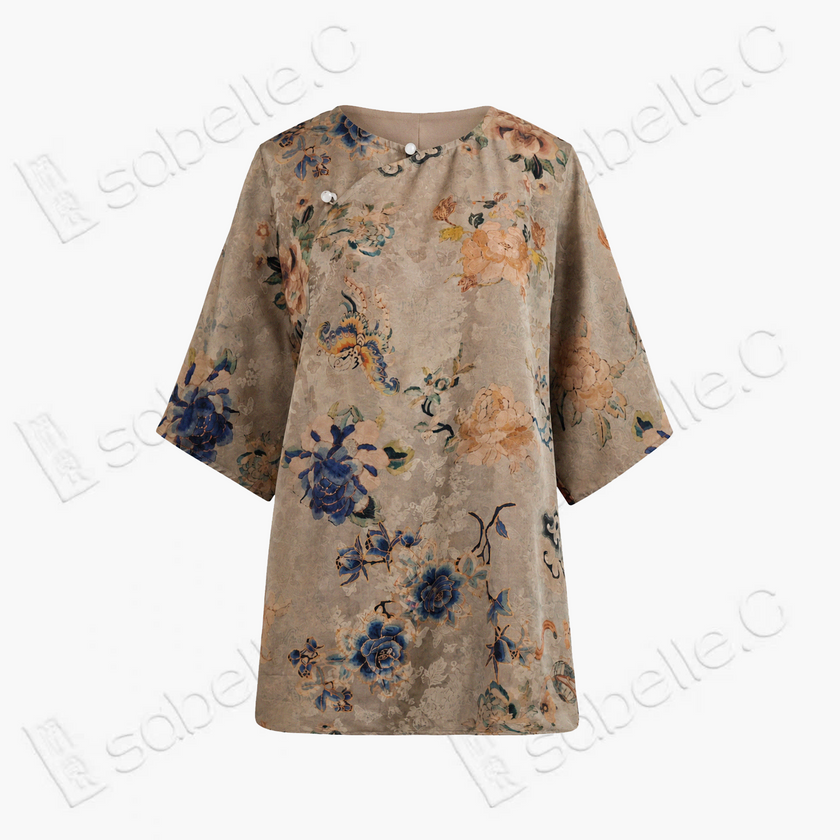 Taupe Floral Butterfly Gambiered Canton Silk Top - 「駝底花蝶」香雲紗上衣