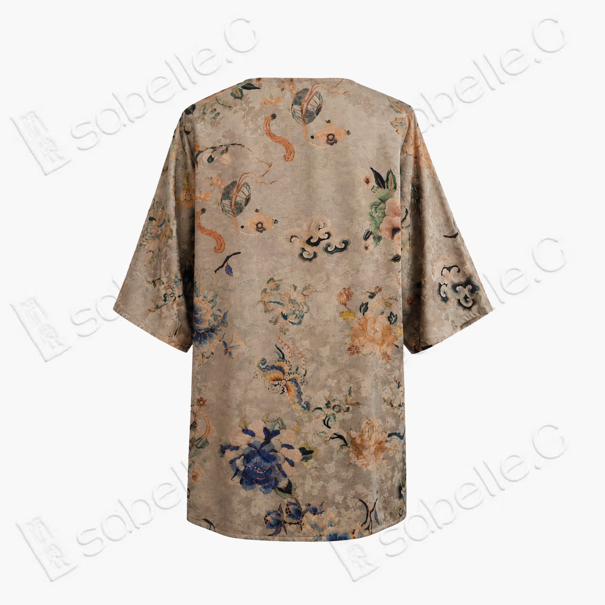Taupe Floral Butterfly Gambiered Canton Silk Top - 「駝底花蝶」香雲紗上衣