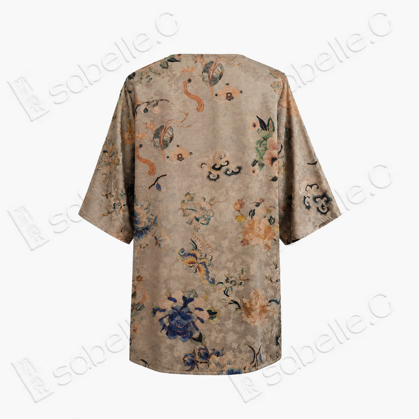 Taupe Floral Butterfly Gambiered Canton Silk Top - 「駝底花蝶」香雲紗上衣