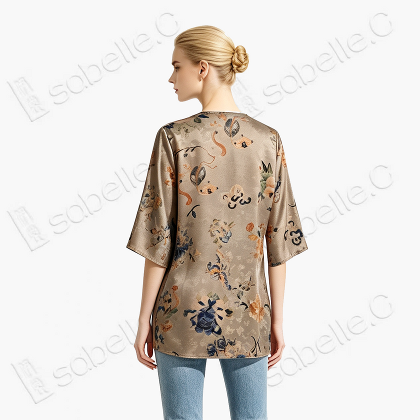 Taupe Floral Butterfly Gambiered Canton Silk Top - 「駝底花蝶」香雲紗上衣