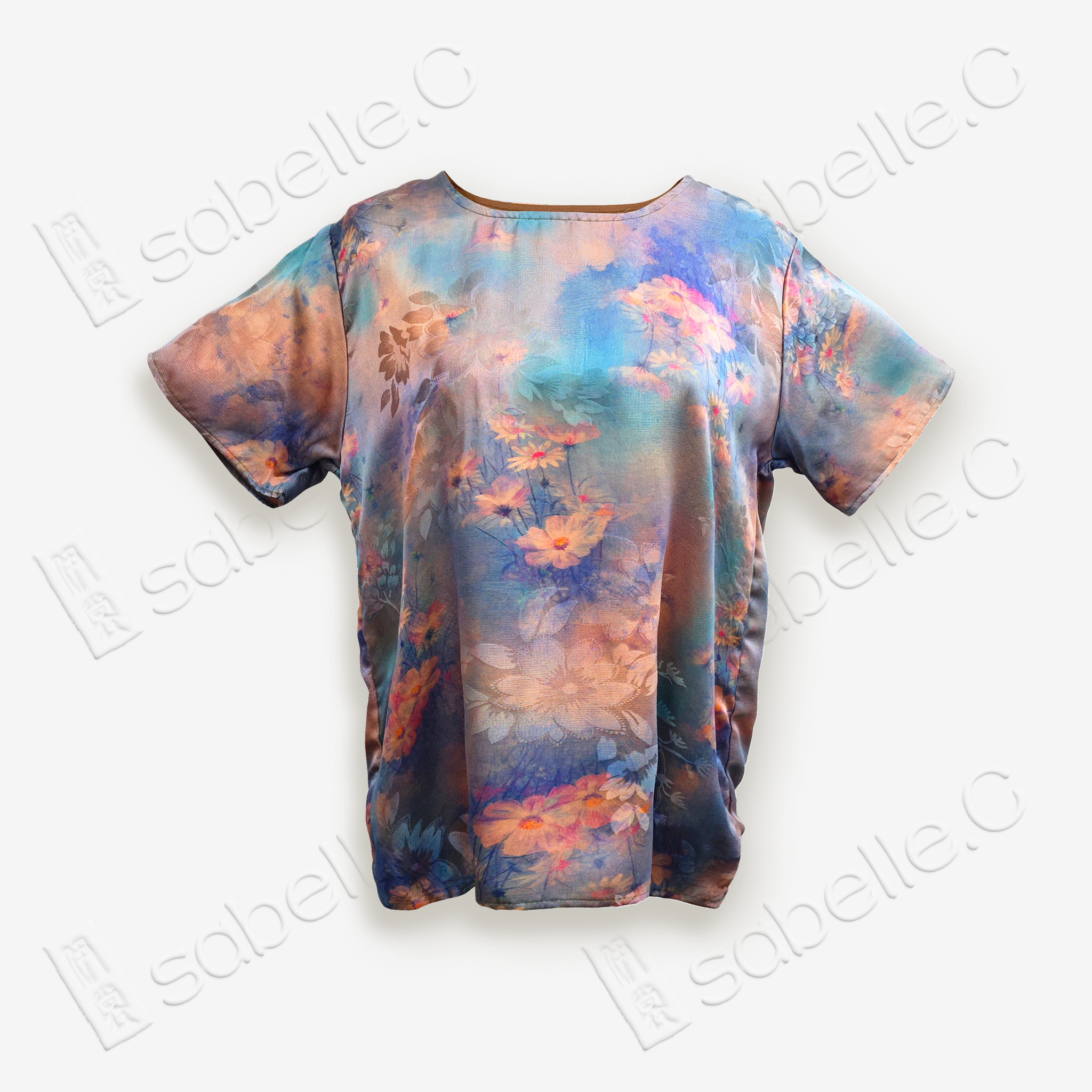 Floral Gradient Short-Sleeve Top in Gambiered Canton Silk