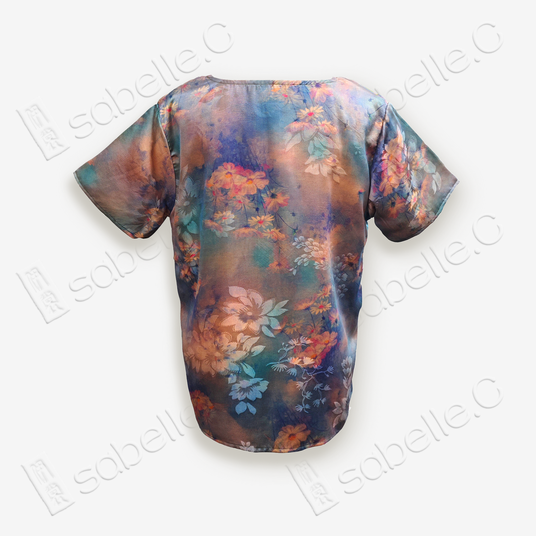 Floral Gradient Short-Sleeve Top in Gambiered Canton Silk