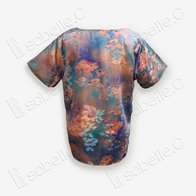 Floral Gradient Short-Sleeve Top in Gambiered Canton Silk