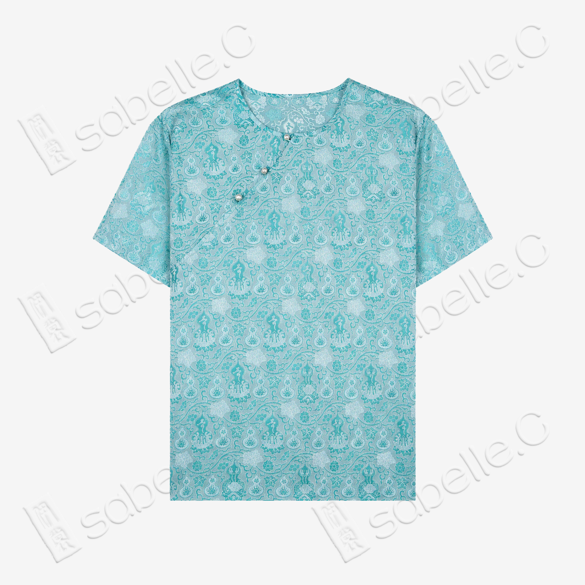 Aqua Ripple Treasure Bloom Shu Brocade Top - 青漪寶相蜀錦短上衣