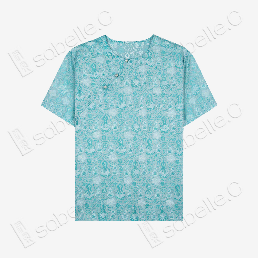 Aqua Ripple Treasure Bloom Shu Brocade Top - 青漪寶相蜀錦短上衣