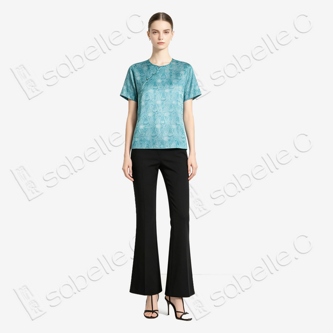 Aqua Ripple Treasure Bloom Shu Brocade Top - 青漪寶相蜀錦短上衣