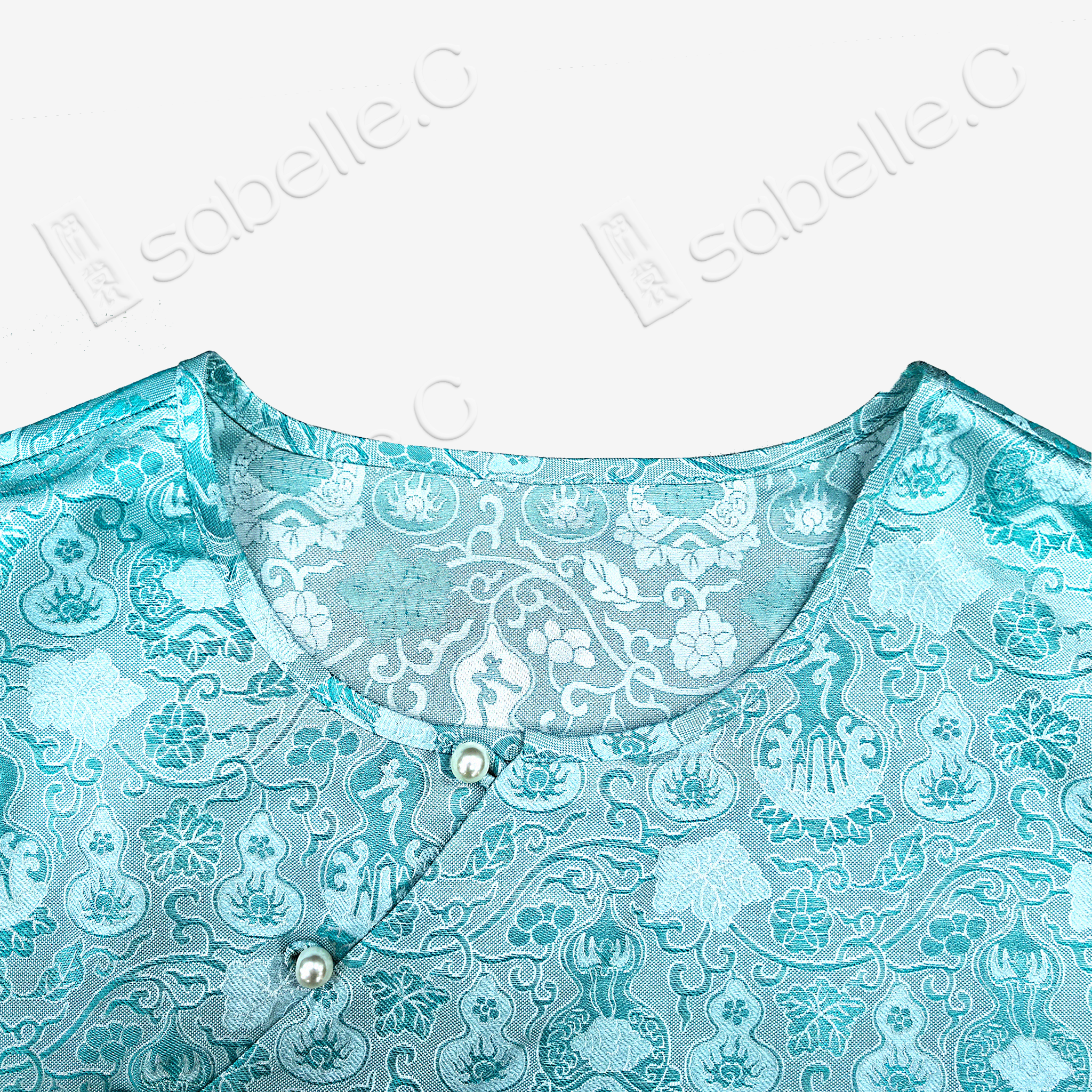 Aqua Ripple Treasure Bloom Shu Brocade Top - 青漪寶相蜀錦短上衣