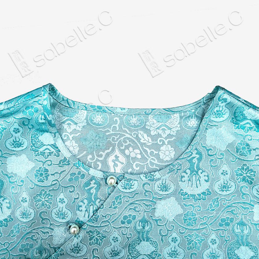 Aqua Ripple Treasure Bloom Shu Brocade Top - 青漪寶相蜀錦短上衣