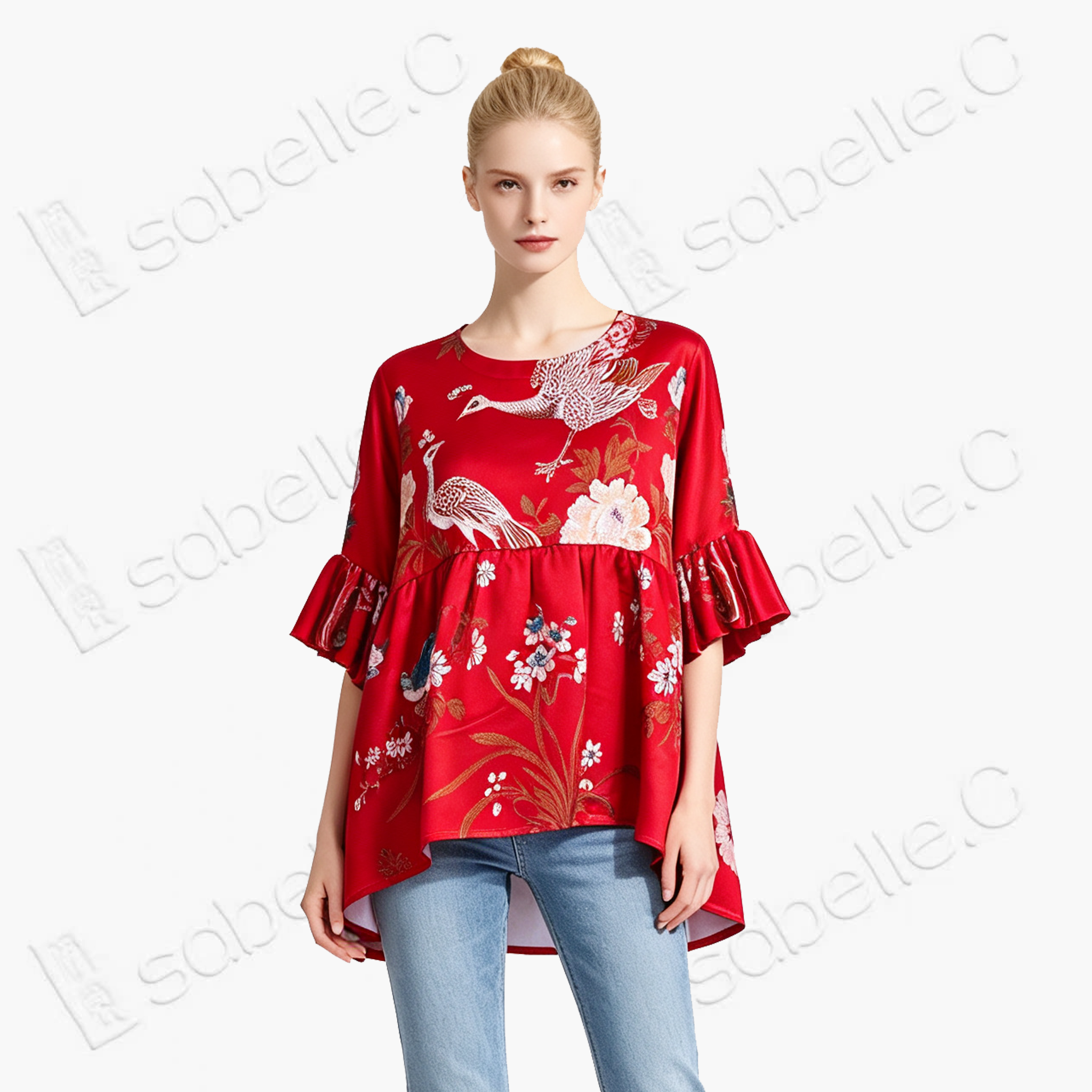 Scarlet Satin Colorful Peacock Antique Silk Brocade Top - 「朱緞彩雀」古董真絲老織錦上衣