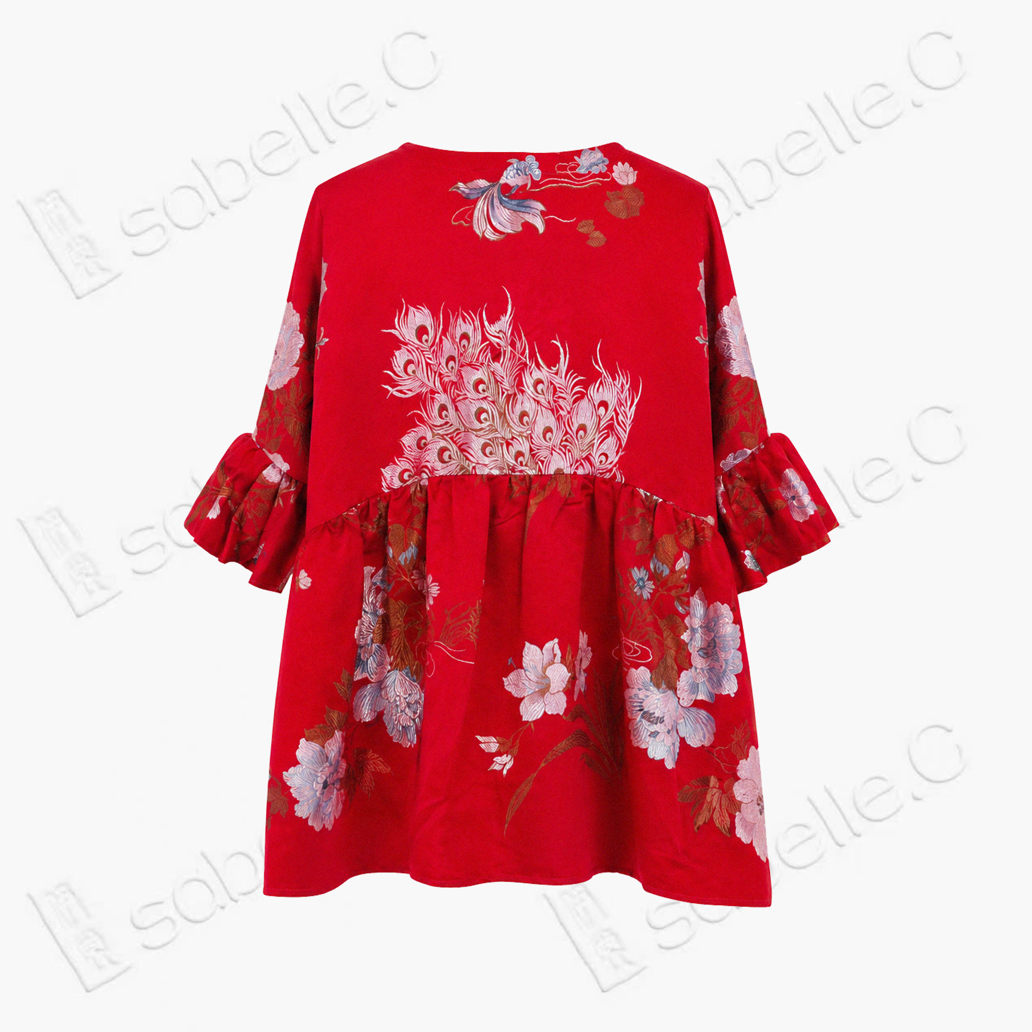 Scarlet Satin Colorful Peacock Antique Silk Brocade Top - 「朱緞彩雀」古董真絲老織錦上衣