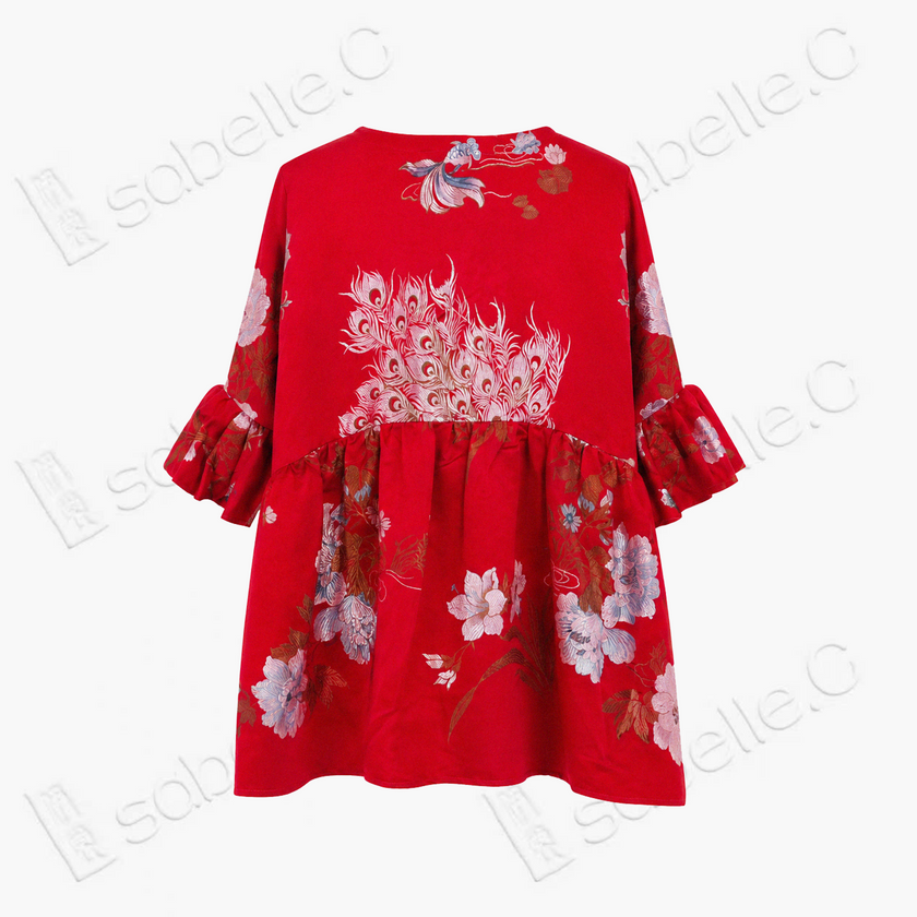 Scarlet Satin Colorful Peacock Antique Silk Brocade Top - 「朱緞彩雀」古董真絲老織錦上衣