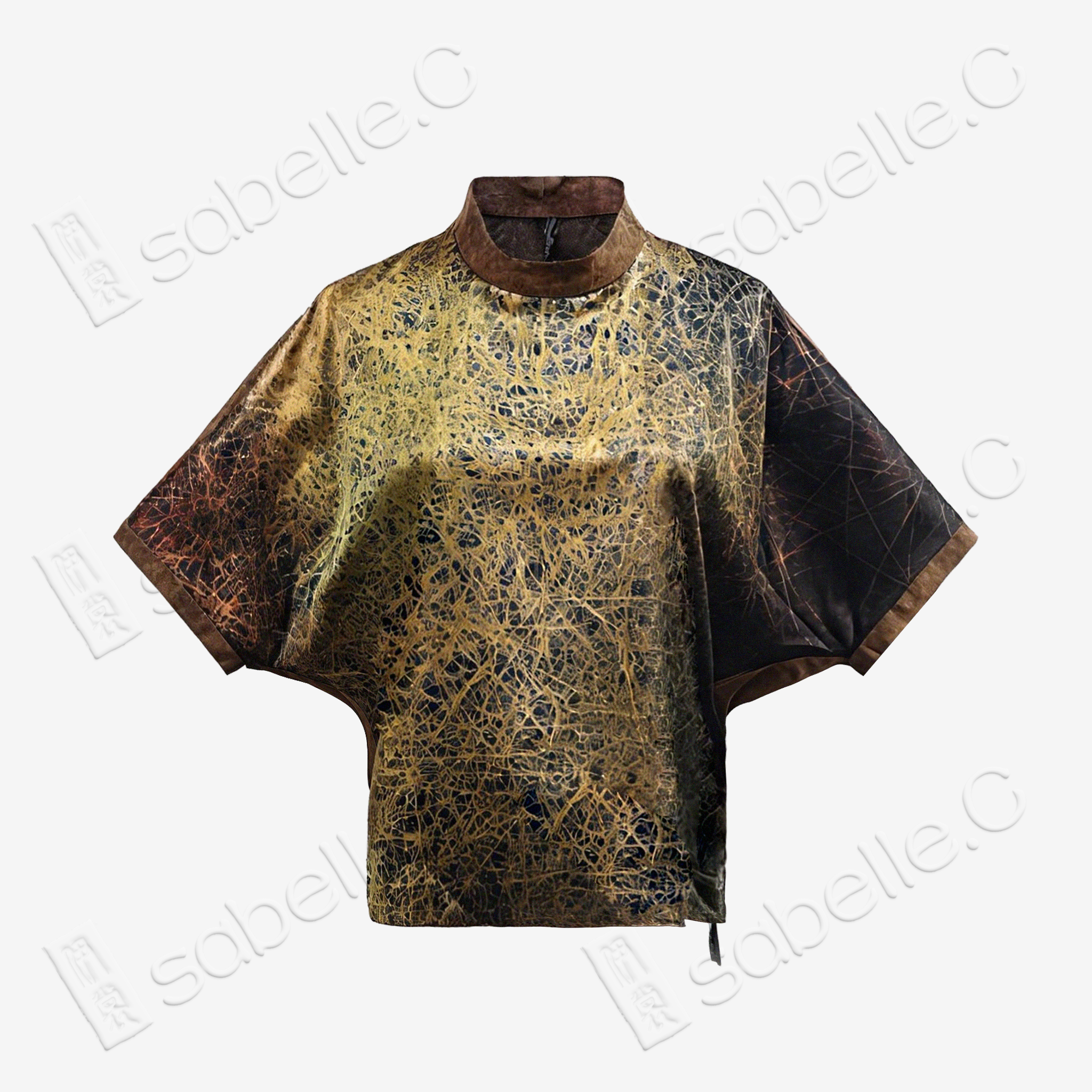 Gilded Vein Texture Stand Collar Gambiered Guangdong Silk Top - 鎏金枝絡香雲紗短袖