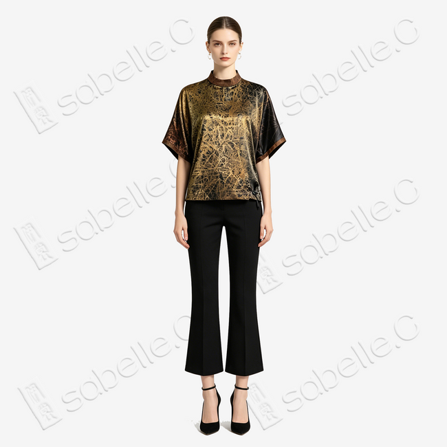 Gilded Vein Texture Stand Collar Gambiered Guangdong Silk Top - 鎏金枝絡香雲紗短袖