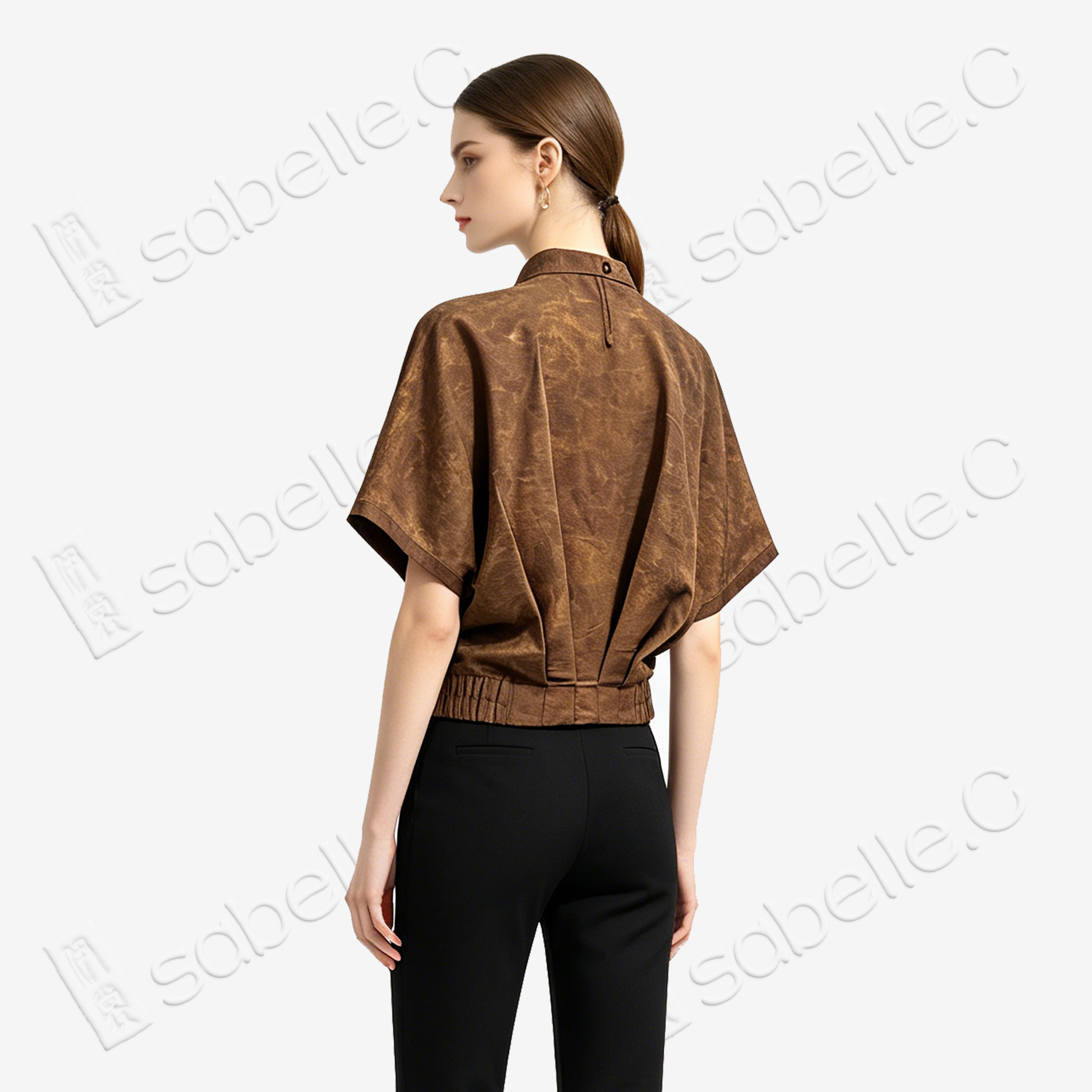 Gilded Vein Texture Stand Collar Gambiered Guangdong Silk Top - 鎏金枝絡香雲紗短袖