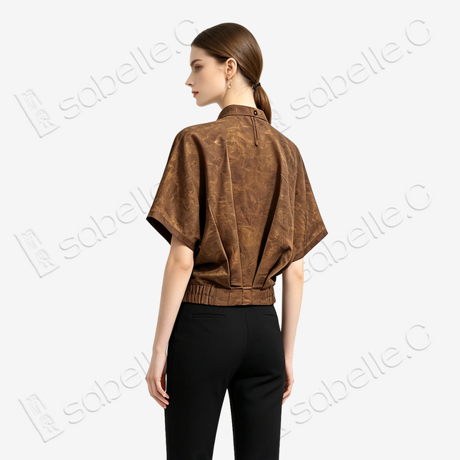 Gilded Vein Texture Stand Collar Gambiered Guangdong Silk Top - 鎏金枝絡香雲紗短袖
