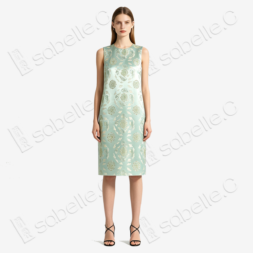 Mint Treasure Bloom Roundel Shu Brocade Long Top - 青瑤寶相蜀錦長上衣