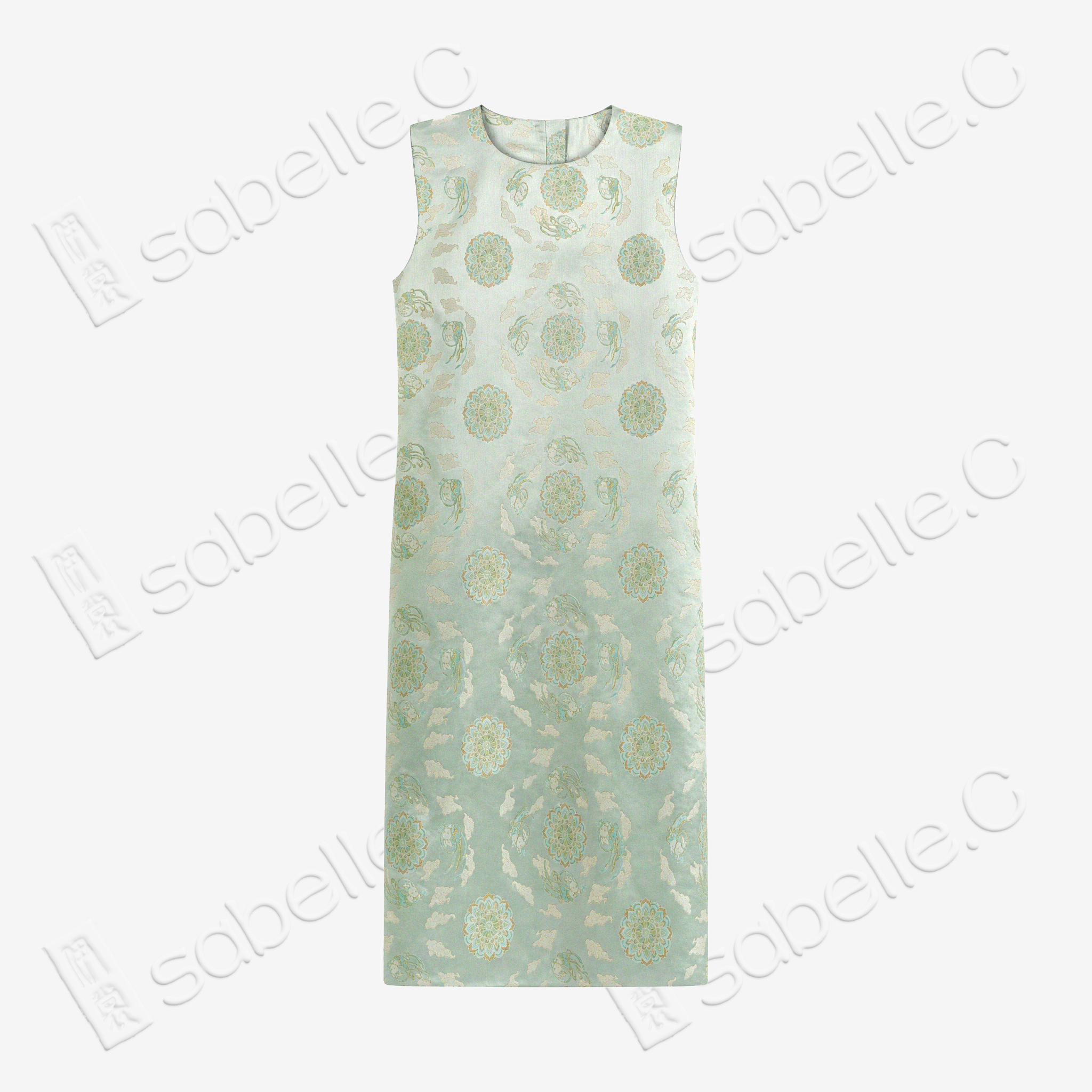 Mint Treasure Bloom Roundel Shu Brocade Long Top - 青瑤寶相蜀錦長上衣