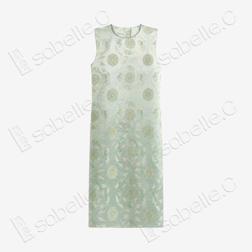 Mint Treasure Bloom Roundel Shu Brocade Long Top - 青瑤寶相蜀錦長上衣