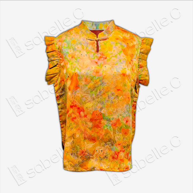 Gambiered Canton Silk mandarin collar Top