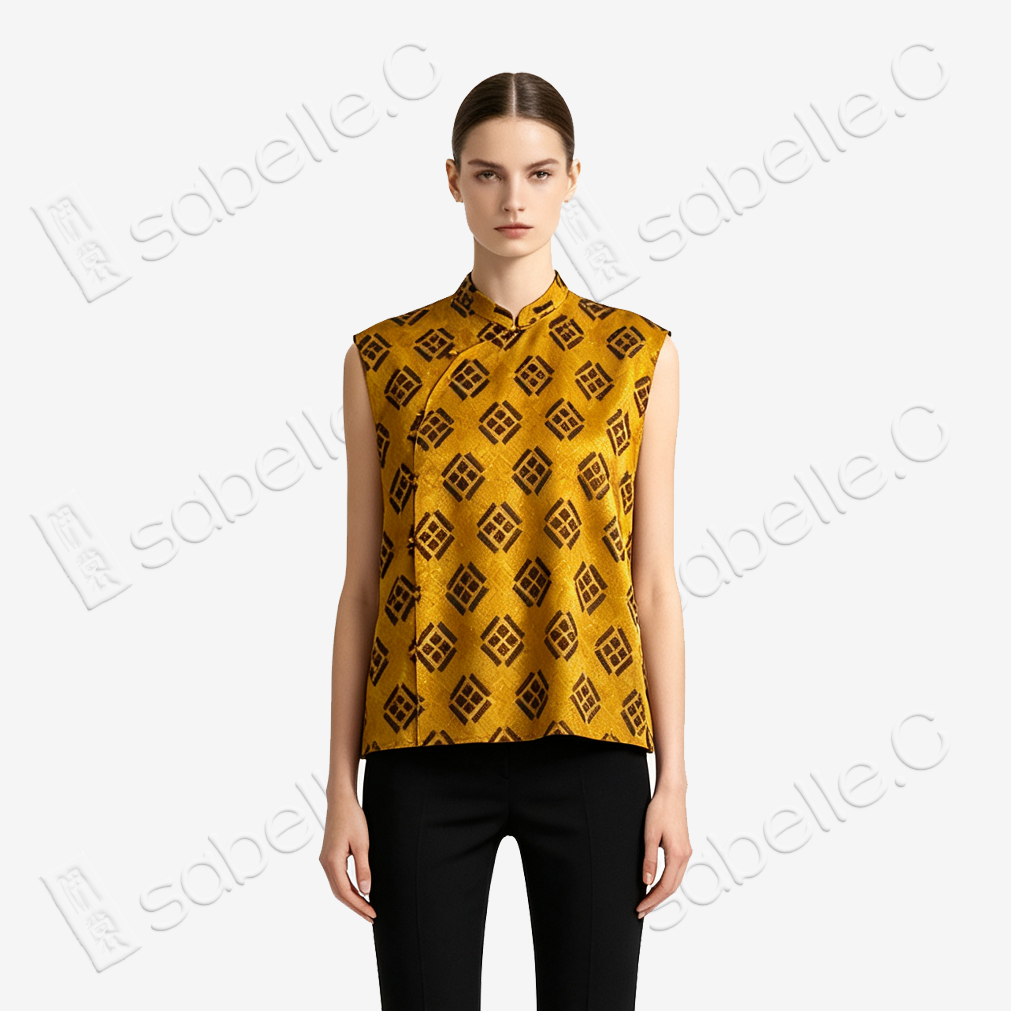 Gilded Geometric Gambiered Canton Silk Sleeveless Top - 鎏金幾何香雲紗無袖上衣
