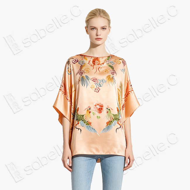 Apricot Sunset Twin Phoenix Soft Silk Satin Blouse - 「杏霞雙鳳」真絲軟緞上衣