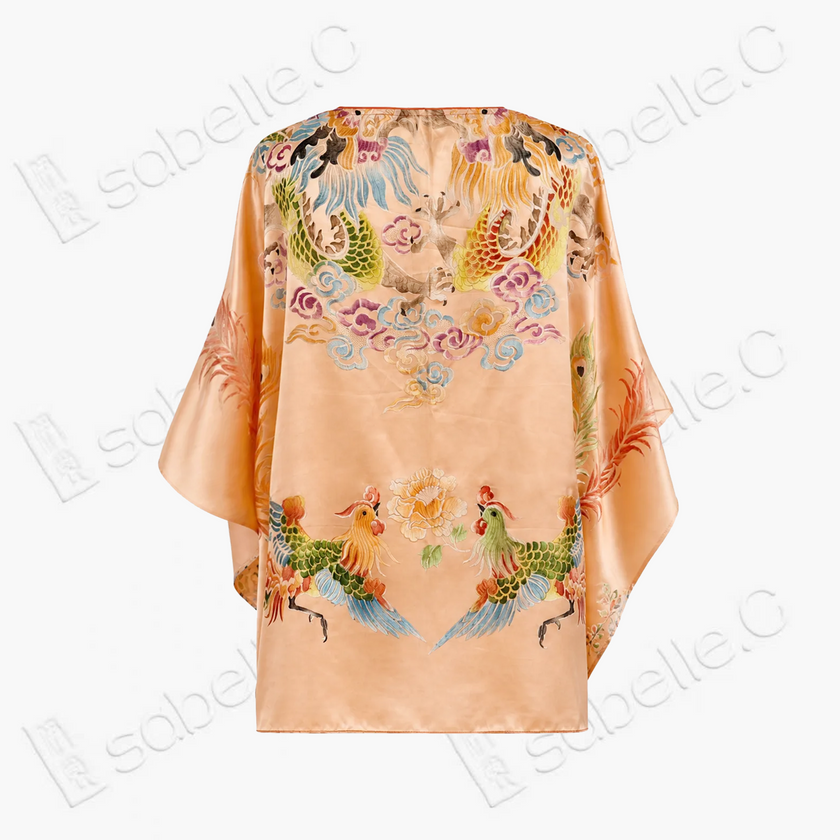 Apricot Sunset Twin Phoenix Soft Silk Satin Blouse - 「杏霞雙鳳」真絲軟緞上衣