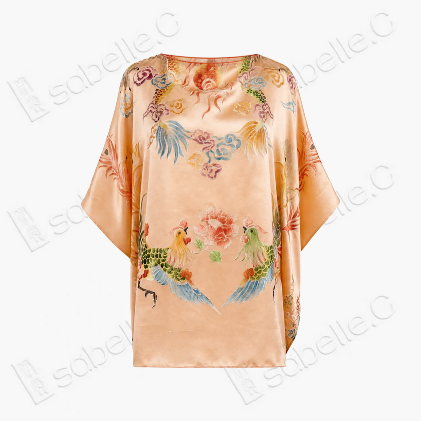 Apricot Sunset Twin Phoenix Soft Silk Satin Blouse - 「杏霞雙鳳」真絲軟緞上衣