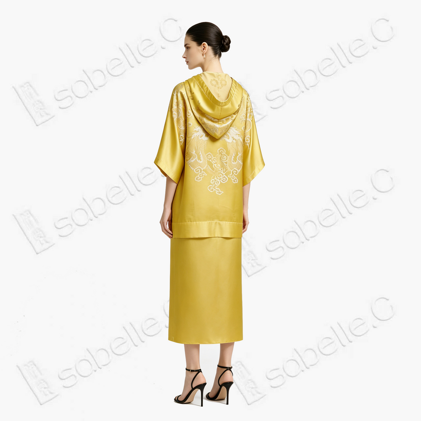 Golden Court Twin Phoenix Antique Silk Satin Hoodie Top - 「金庭雙鳳」古董真絲連帽衛衣