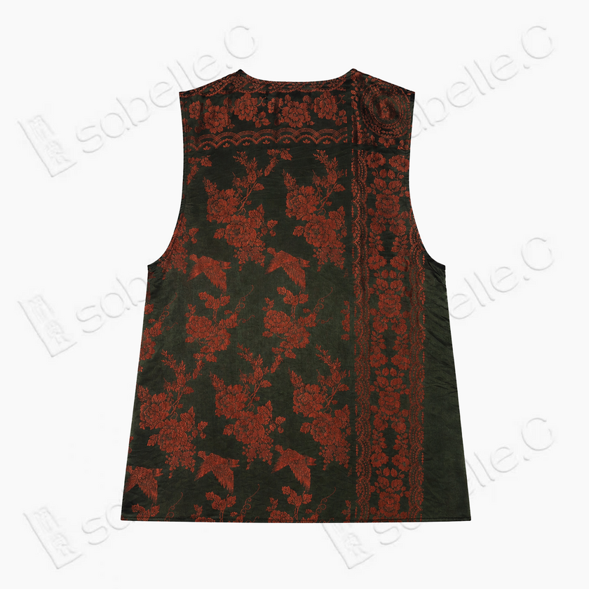 Dark Emerald Scarlet Magpie Antique Silk Waistcoat - 「黛墨緋鵲」古董真絲面料馬甲