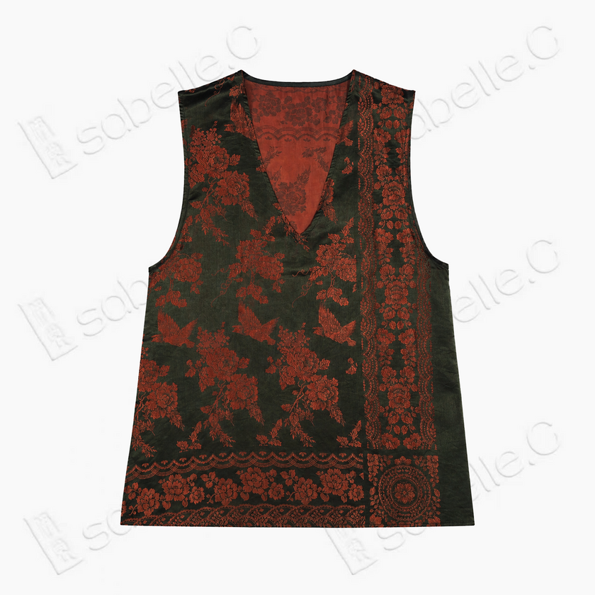 Dark Emerald Scarlet Magpie Antique Silk Waistcoat - 「黛墨緋鵲」古董真絲面料馬甲