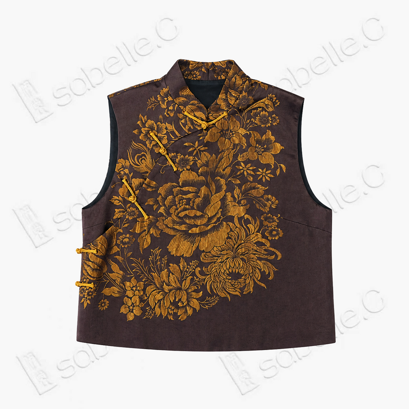 Gilded Peony Antique Silk Mandarin Collar Waistcoat - 「鎏金牡丹」古董真絲斜襟馬甲