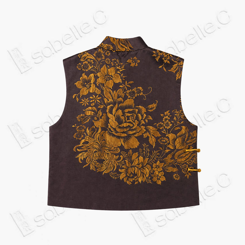 Gilded Peony Antique Silk Mandarin Collar Waistcoat - 「鎏金牡丹」古董真絲斜襟馬甲