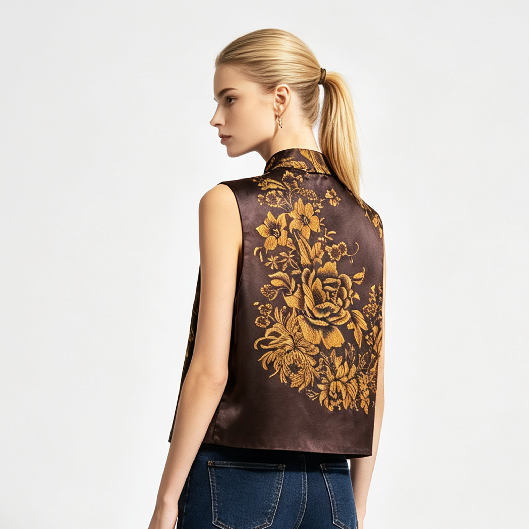 Gilded Peony Antique Silk Mandarin Collar Waistcoat - 「鎏金牡丹」古董真絲斜襟馬甲