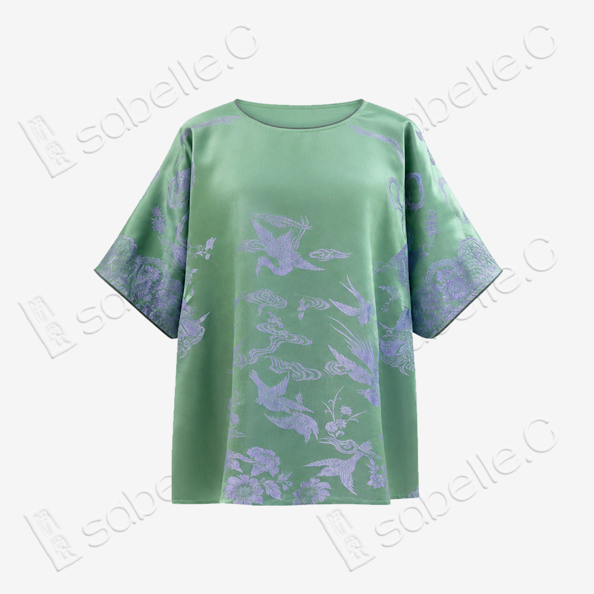Emerald Green Cloud Crane Antique Silk Blouse - 「碧翠雲鶴」古董真絲面料上衣
