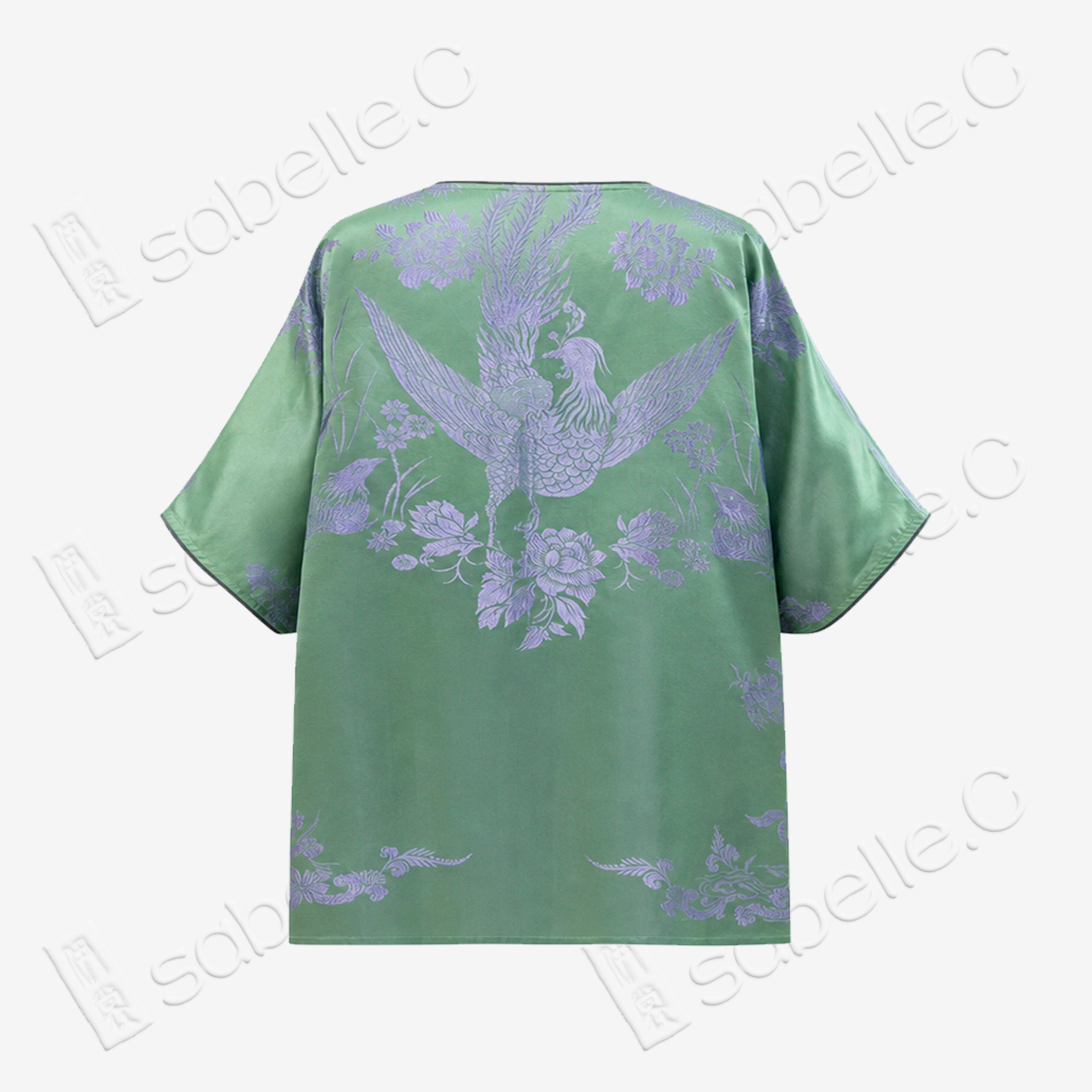 Emerald Green Cloud Crane Antique Silk Blouse - 「碧翠雲鶴」古董真絲面料上衣