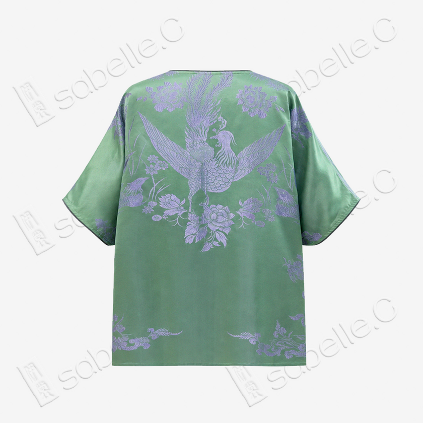 Emerald Green Cloud Crane Antique Silk Blouse - 「碧翠雲鶴」古董真絲面料上衣