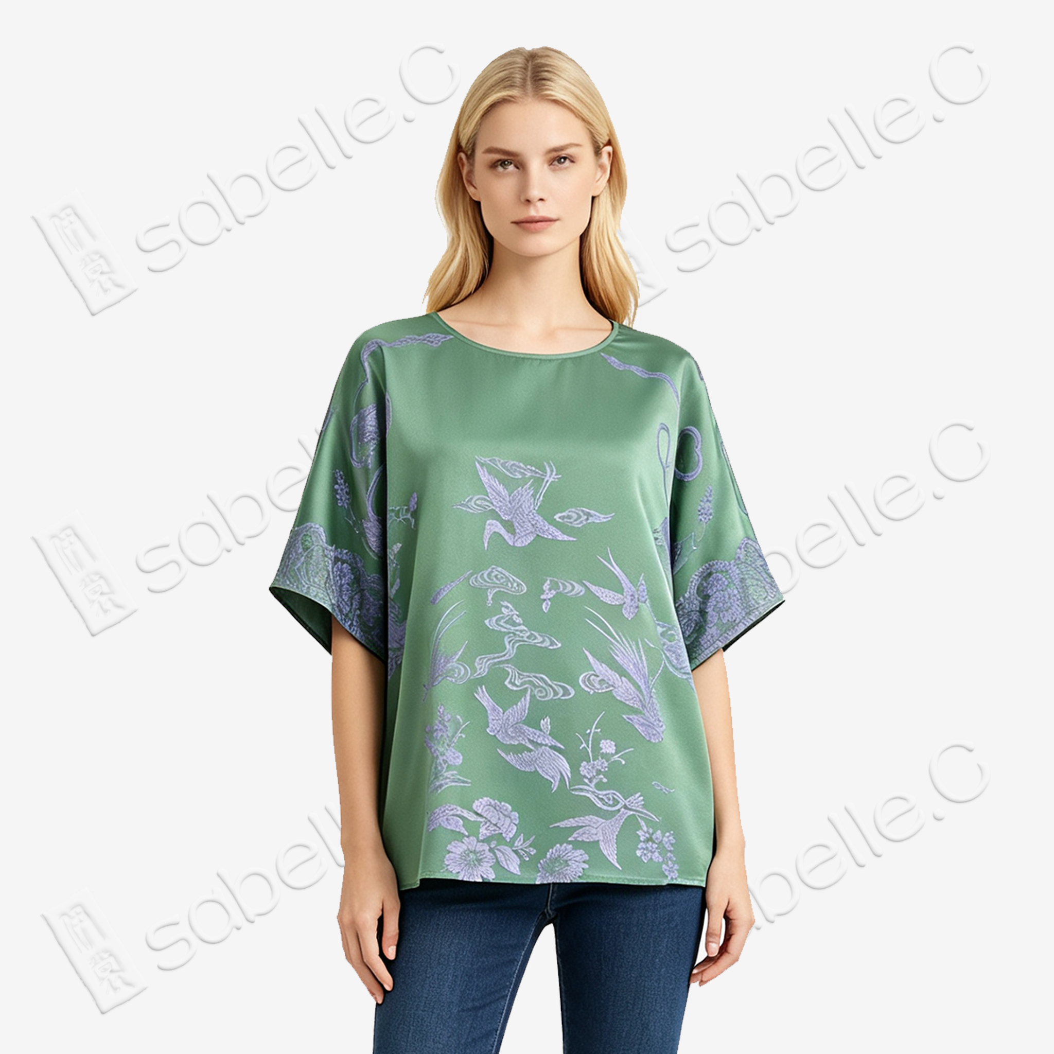 Emerald Green Cloud Crane Antique Silk Blouse - 「碧翠雲鶴」古董真絲面料上衣