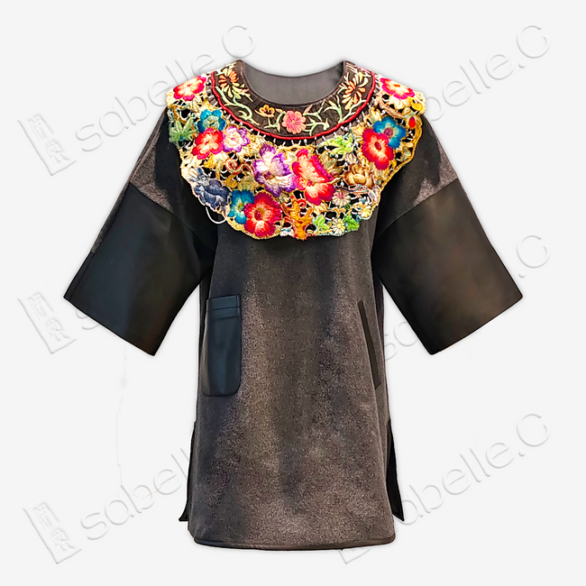Cashmere & Sheep Leather Top with Vintage Embroidery