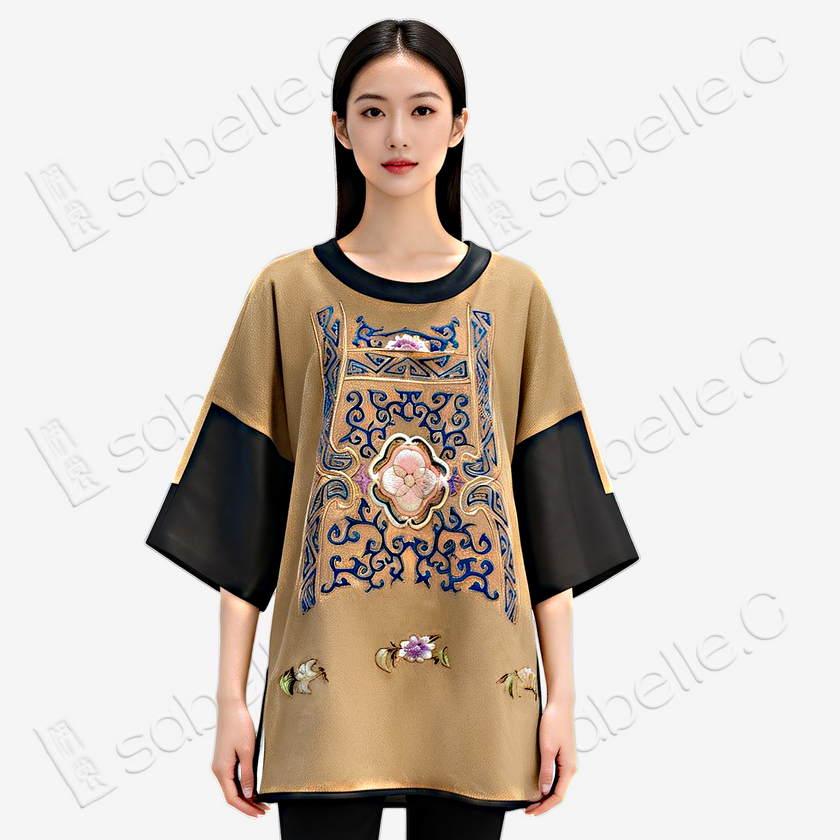 Vintage Embroidery Cashmere Long Top with Lambskin Cuffs