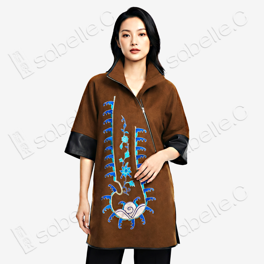 Vintage Embroidery Cashmere Long Top with Lambskin Cuffs