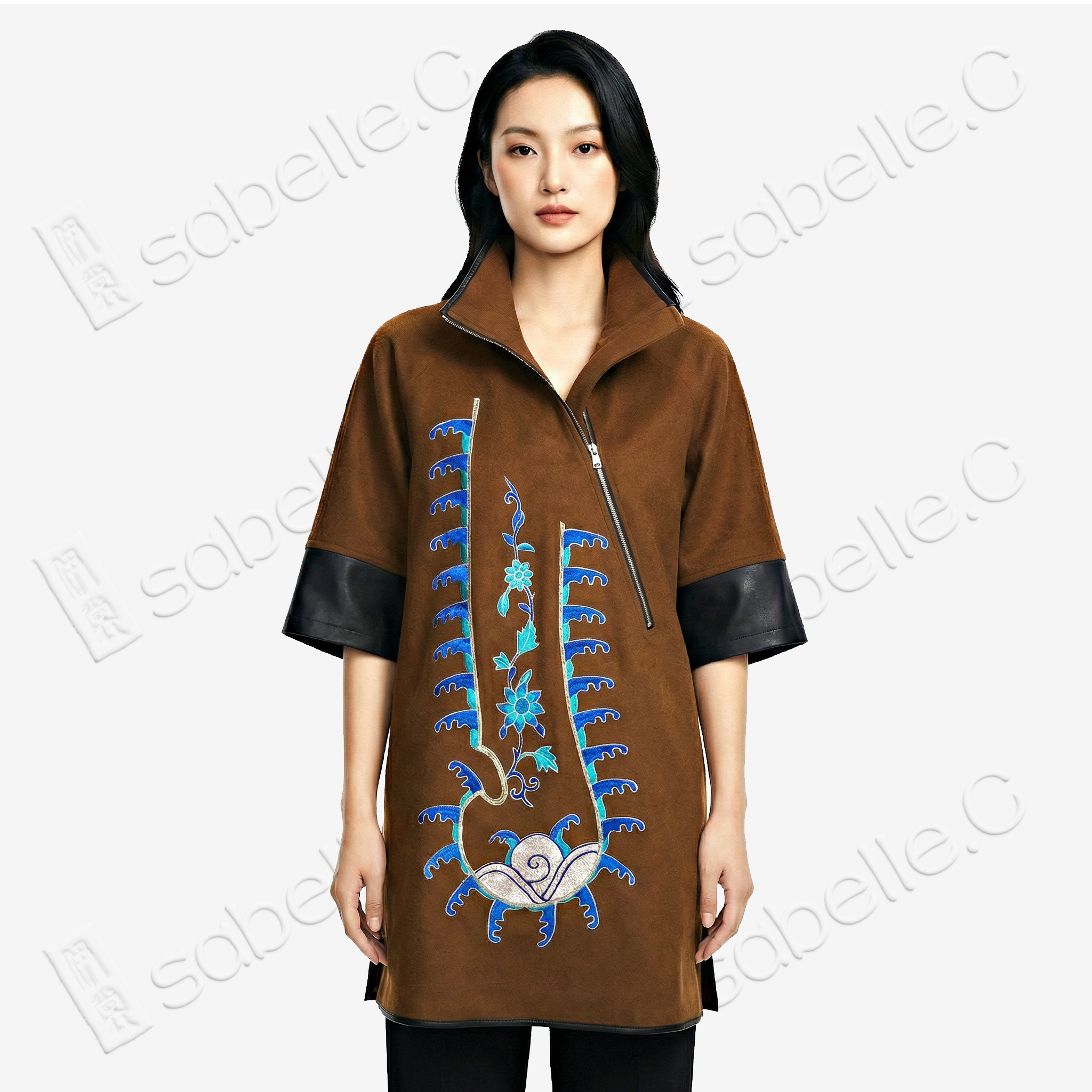 Vintage Embroidery Cashmere Long Top with Lambskin Cuffs
